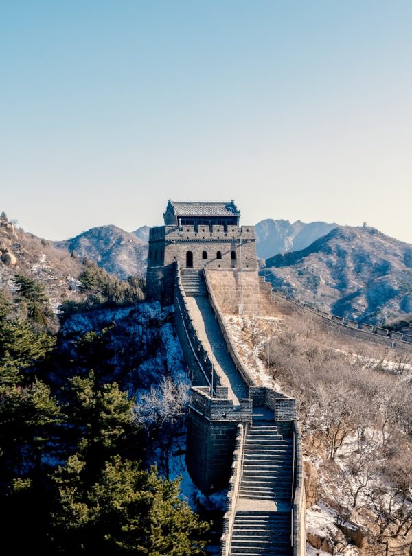 the great wall of china with snow on the ground